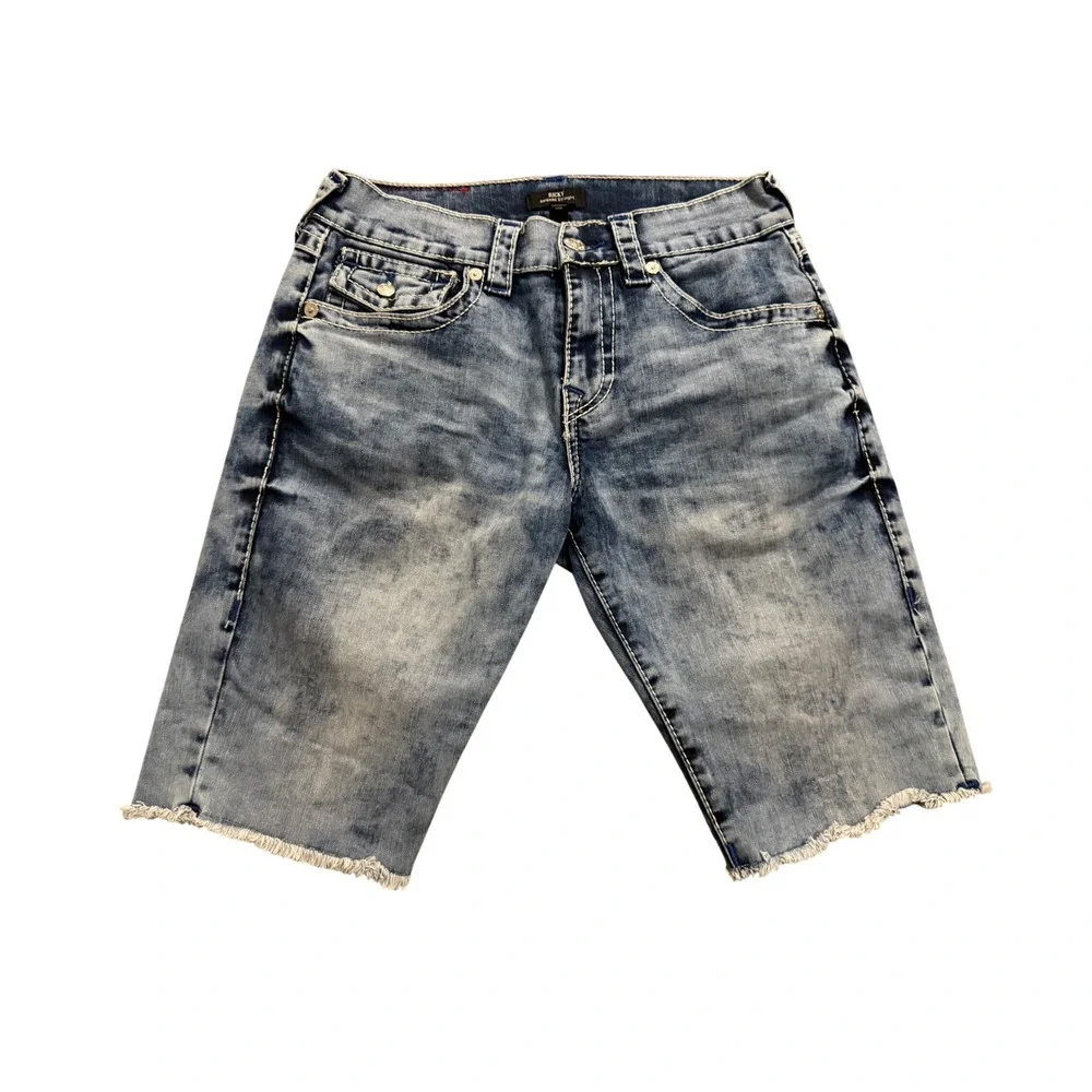 True Religion Ricky Super T Denim Shorts Mens 30 Light Blue Acid Wash
